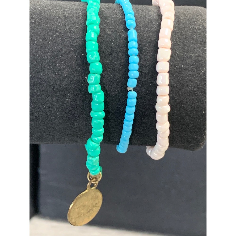 Boho‎ Seed Bead Stretch Bracelet Set 3PC Turquoise Pink Blue Gold Coin Charm 6in